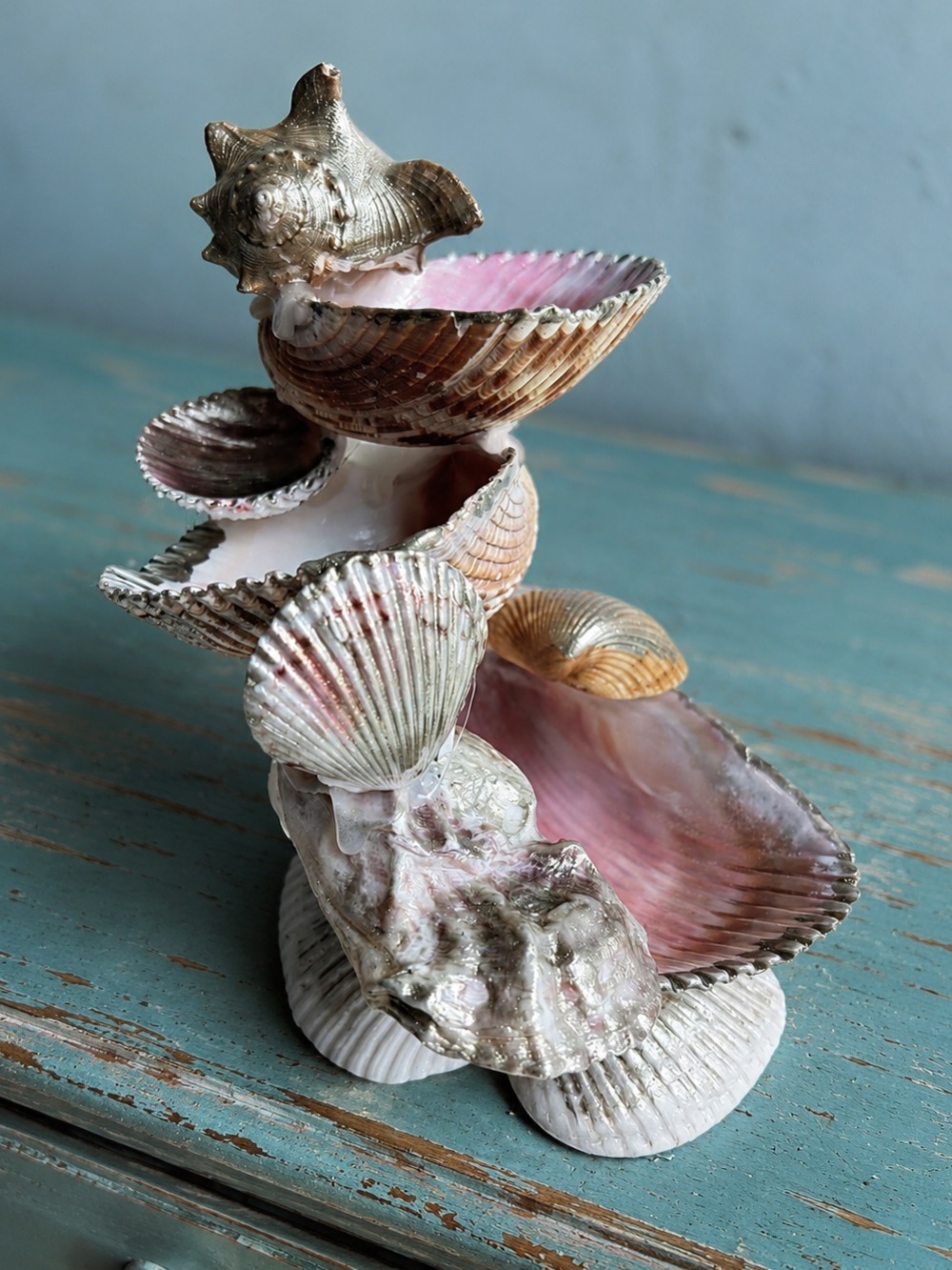 Handmade Pink & Gold Seashell Jewelry Holder Tower